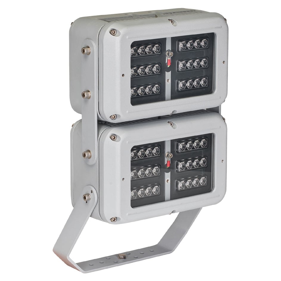 Double-head industrial LED flood light with a metal frame and multiple LED bulbs.