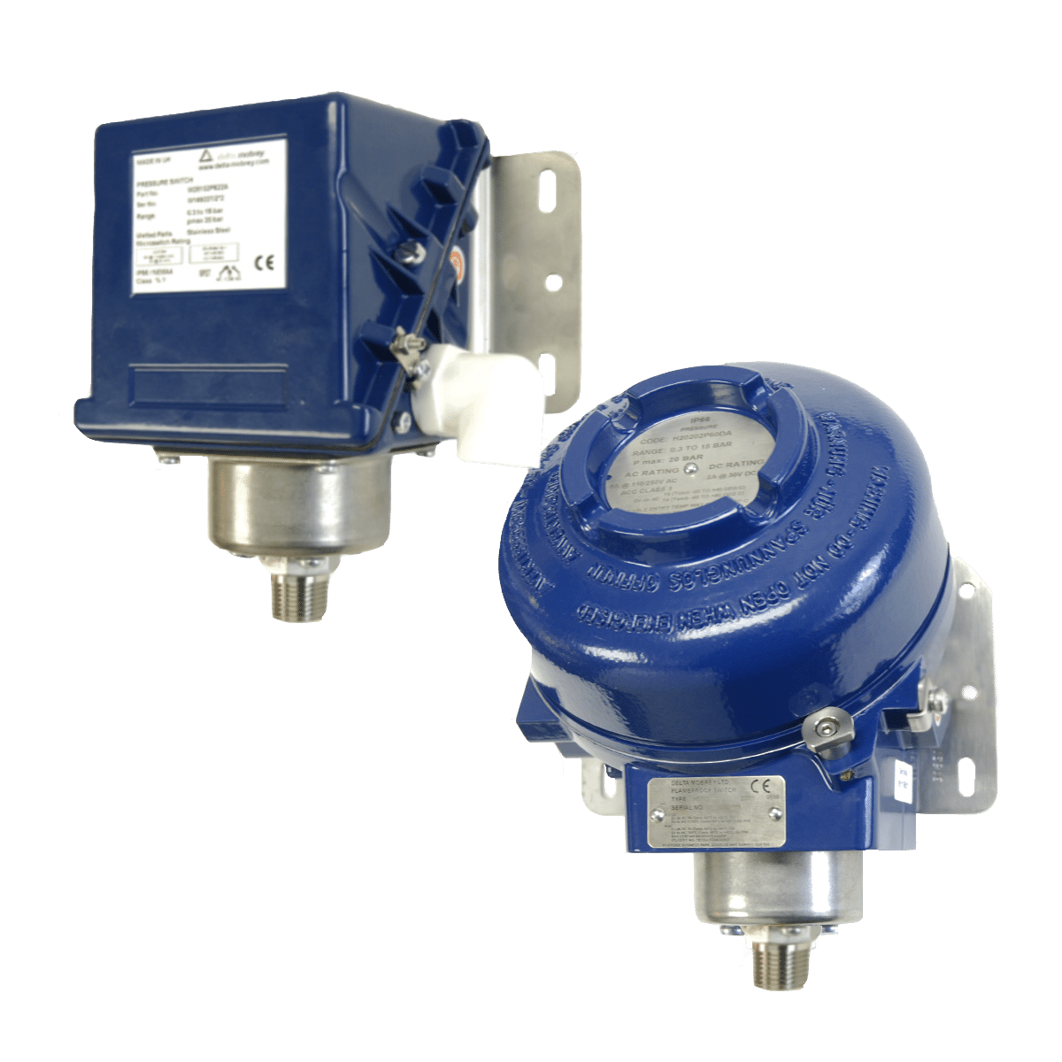 Two blue industrial pressure switches mounted on metal brackets.