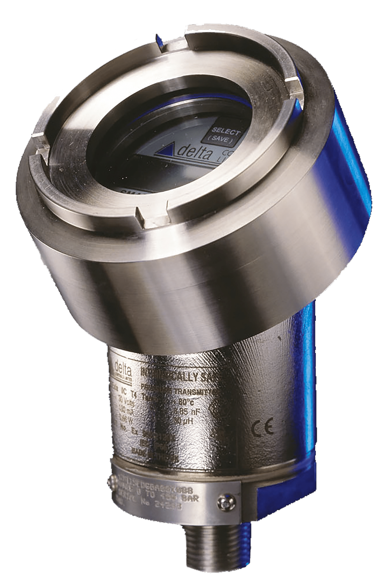 Stainless steel smart pressure transmitter with digital display.