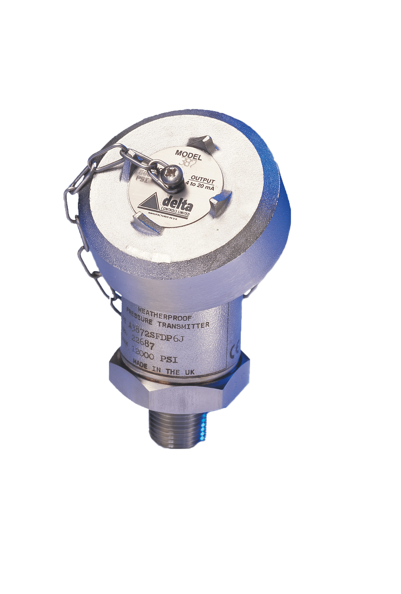 Silver analogue pressure transmitter with metal casing and label, designed for industrial use.