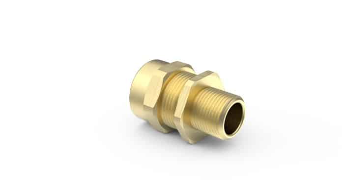 Brass threaded pipe fitting on a white background.