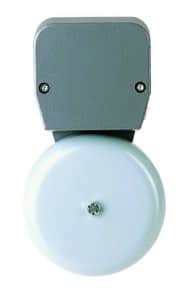 Gray and white signaling bell with a round base and rectangular top.
