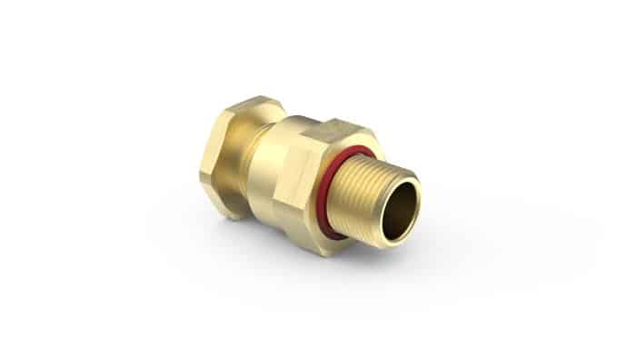 Brass threaded pipe fitting with hexagonal nut and red sealing ring on a white background.