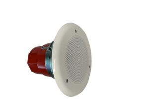 Round ceiling speaker with a white grille and red back housing, isolated on a white background.
