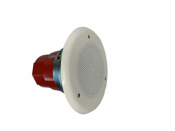 Round ceiling speaker with a white grille and red back housing, isolated on a white background.