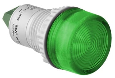 Green industrial indicator light with a round lens and white base.