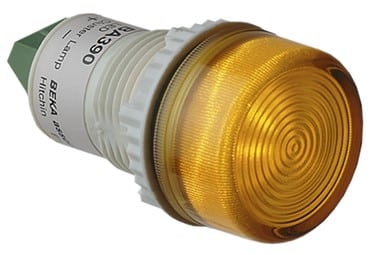 Yellow industrial indicator light with a ridged lens and white base.