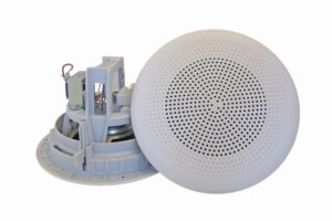 White round ceiling speakers, one facing front and one showing the back with exposed wiring.