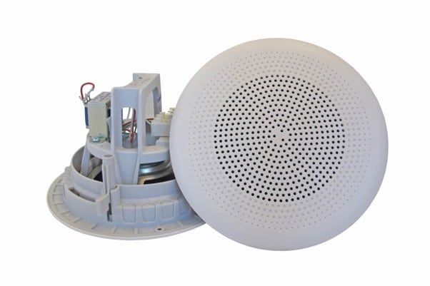 White round ceiling speakers, one facing front and one showing the back with exposed wiring.