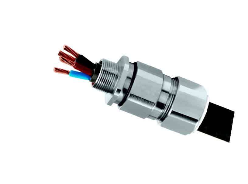 A metal cable gland with exposed colored wires and threaded connector.