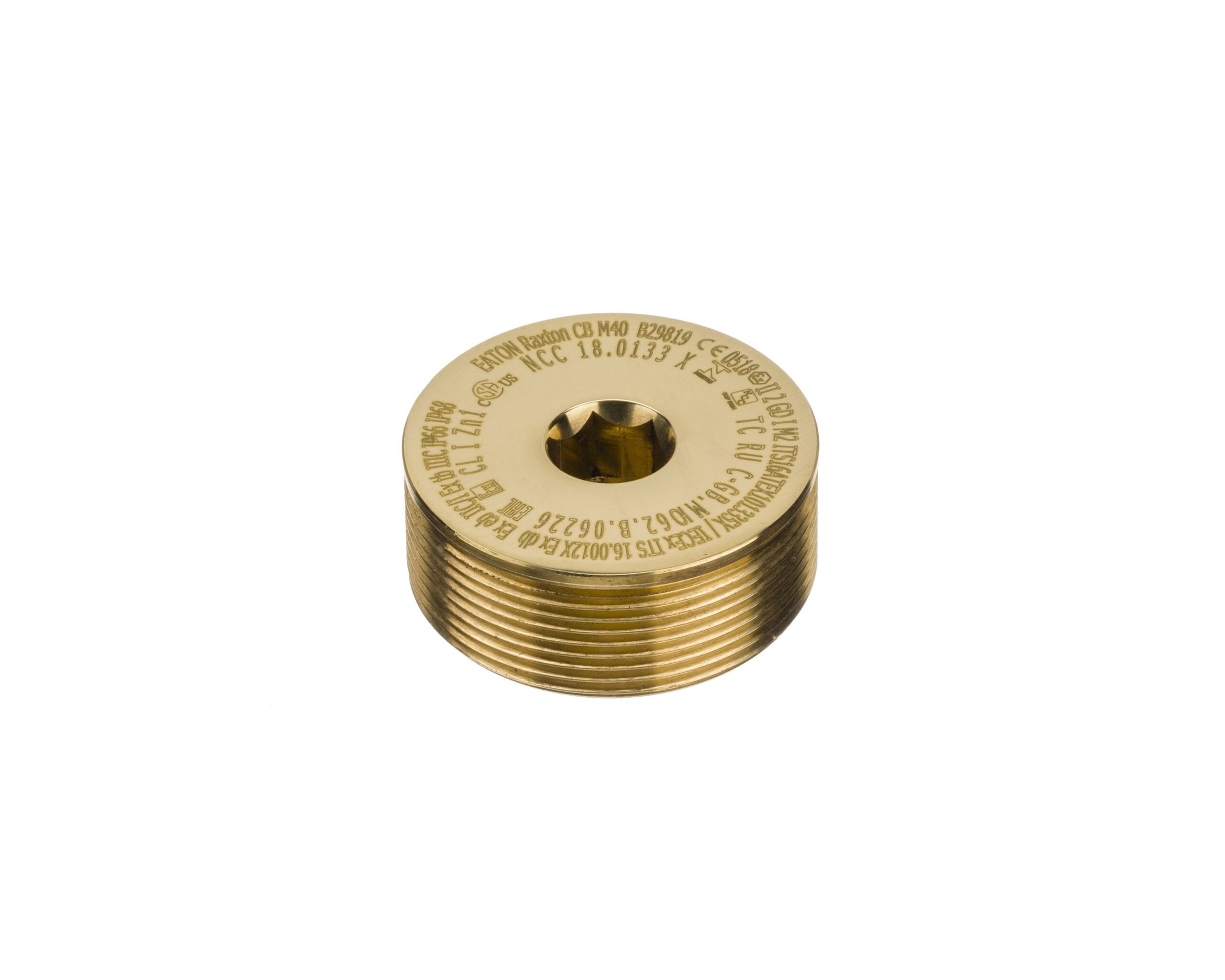 A round, gold-colored, threaded metal component with engraved text on the top surface.
