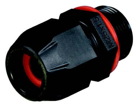 Black plastic cable gland with red sealing ring, viewed on a white background.