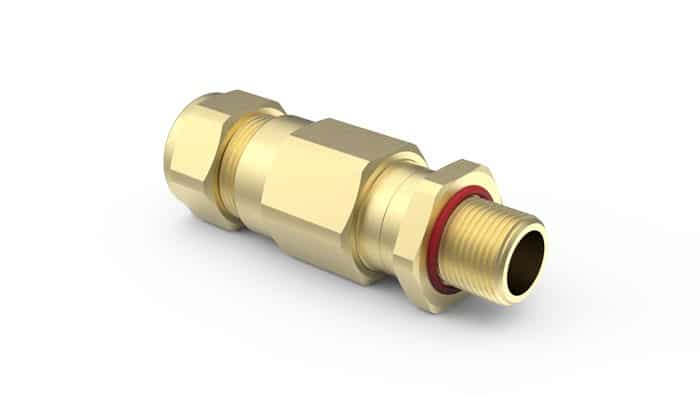 Brass cable gland with threaded connection, shown on a white background.