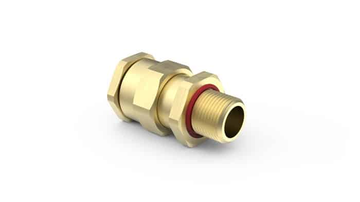 Brass metal pipe fitting with threaded end and hexagonal body on white background.