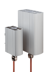 Two silver rectangular industrial heating elements with cables attached.