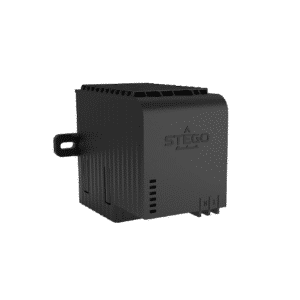 Black compact electric heater unit with STEGO logo, designed for mounting in electrical enclosures.