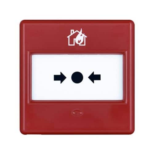 Red fire alarm call point with a white label and black arrows pointing to a center dot.
