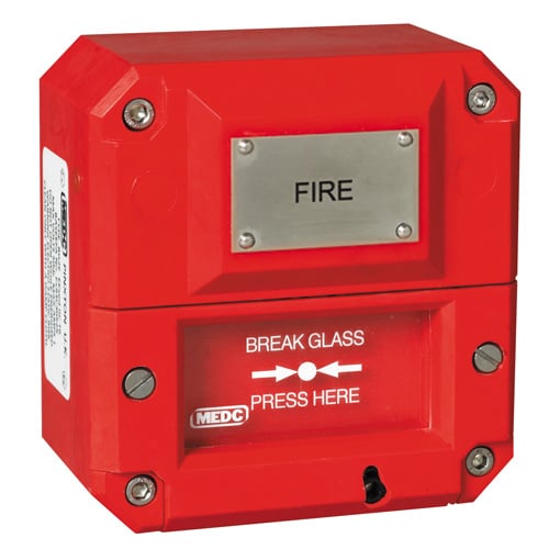Red fire alarm call point with "FIRE" label and "Break glass, press here" instructions on front.