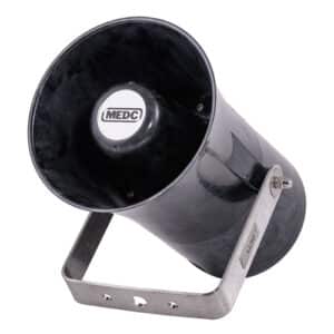 Black outdoor loudspeaker with "MEDC" label, mounted on a metal bracket, isolated on white background.