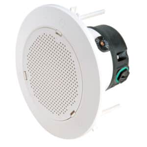 Round white ceiling-mounted speaker with a perforated grille and black mounting bracket.