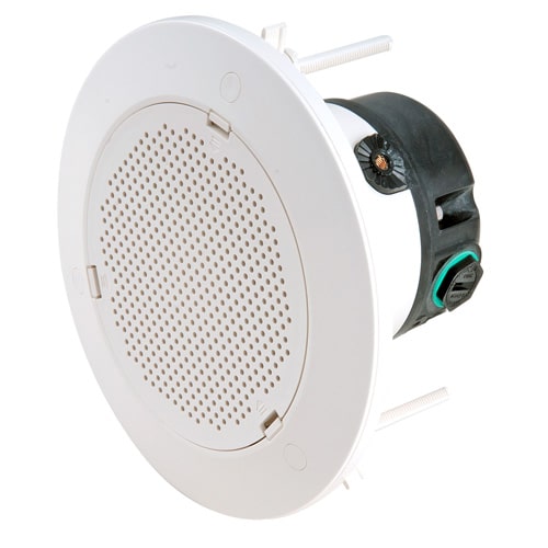 Round white ceiling-mounted speaker with a perforated grille and black mounting bracket.