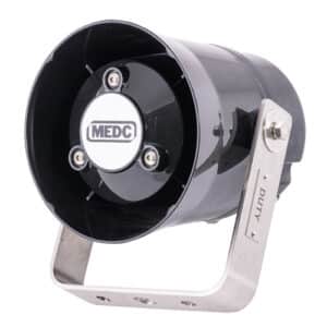 Black MEDC industrial alarm horn with metal mounting bracket, shown on a white background.