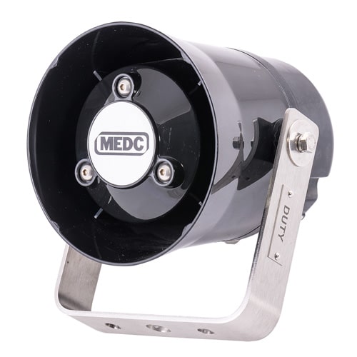 Black MEDC industrial alarm horn with metal mounting bracket, shown on a white background.