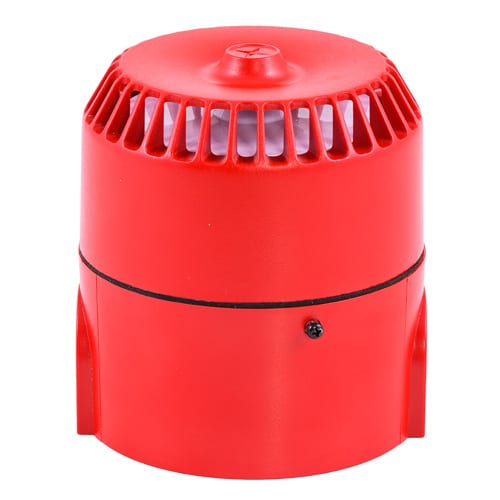 Red industrial alarm siren with vented top, photographed on a white background.