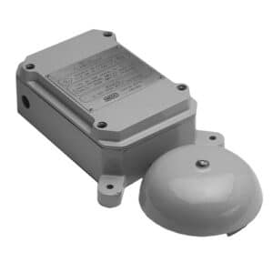 Gray industrial alarm bell and control box.