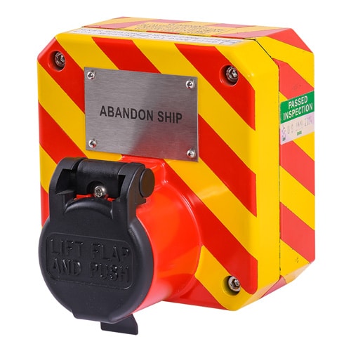Red and yellow emergency button with “ABANDON SHIP” sign and a black protective cover.