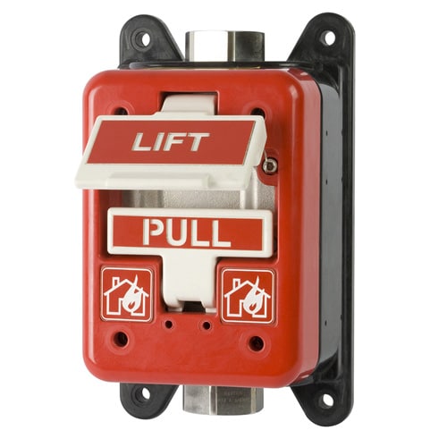 Red emergency pull station with "LIFT" and "PULL" labels and fire alarm symbols.
