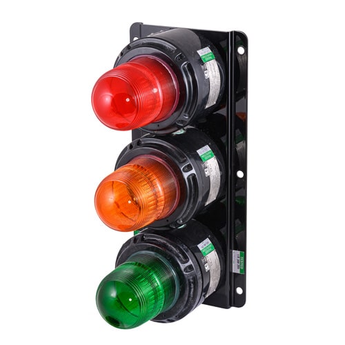 Stacked red, amber, and green industrial signal lights mounted on a black panel.