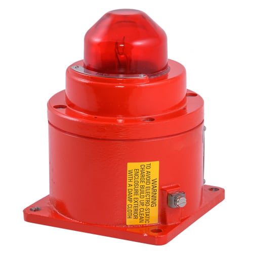 Red industrial alarm or warning beacon with a clear base and a dome-shaped red light on top.