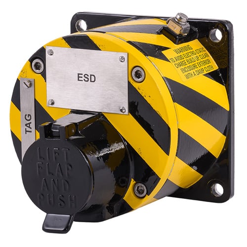 Black and yellow emergency stop button with "LIFT FLAP AND PUSH" instructions on front.