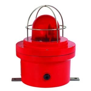 A red industrial warning light with a protective metal cage on top.