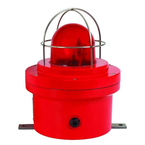 A red industrial warning light with a protective metal cage on top.