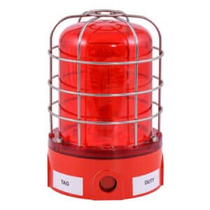 Red industrial warning light with metal cage and labels "TAG" and "DUTY" on the base.