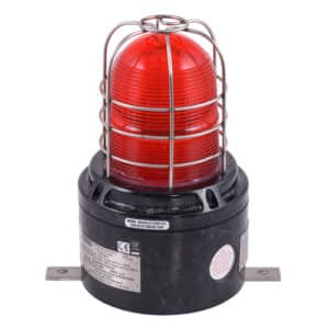 Red industrial warning light with a metal protective cage and a black mounting base.