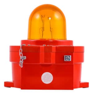 Red industrial warning beacon with an orange dome and metal base.