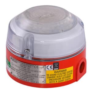 Red and clear alarm beacon with warning label and product information on the side.