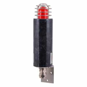 Black industrial warning light with a red dome and metal protective cage, mounted on a metal bracket.