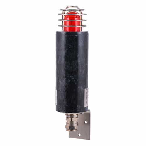 Black industrial warning light with a red dome and metal protective cage, mounted on a metal bracket.