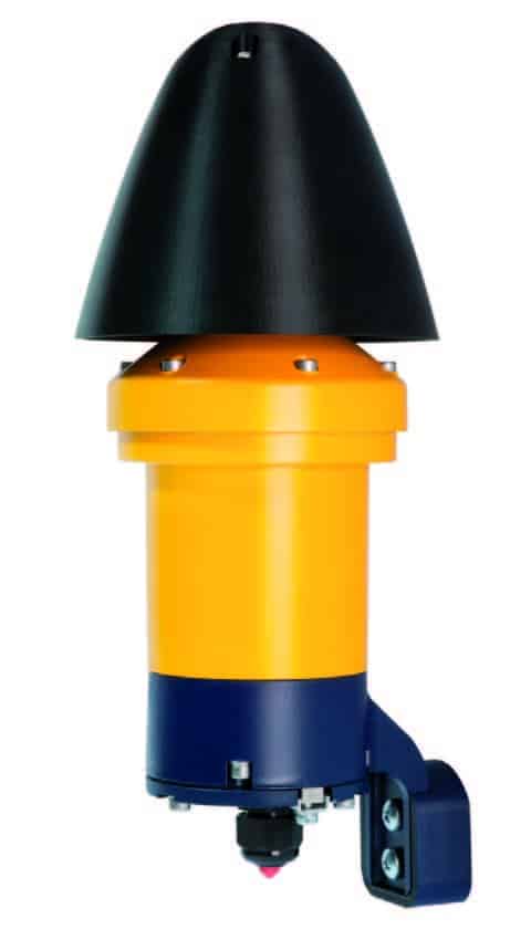 Yellow and blue explosion-proof sounder with a black cone-shaped top and mounting bracket.