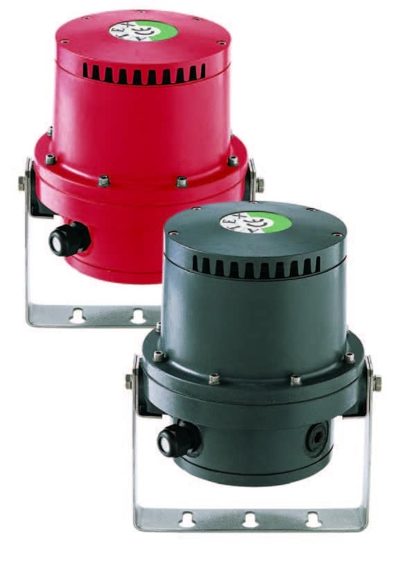 Two explosion-proof signalling hooters, one red and one black, with metal mounting brackets.