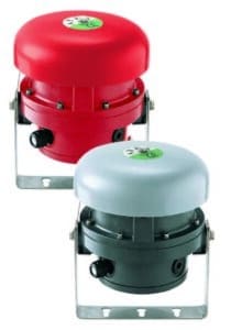 Two industrial alarm bells, one red and one gray, mounted on metal brackets.