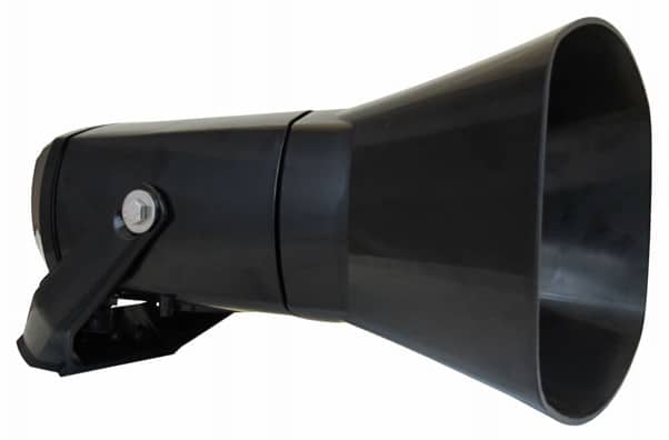 A black horn loudspeaker with a mounting bracket on a white background.