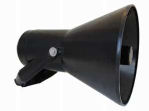 A black outdoor loudspeaker horn with a mounting bracket on a white background.