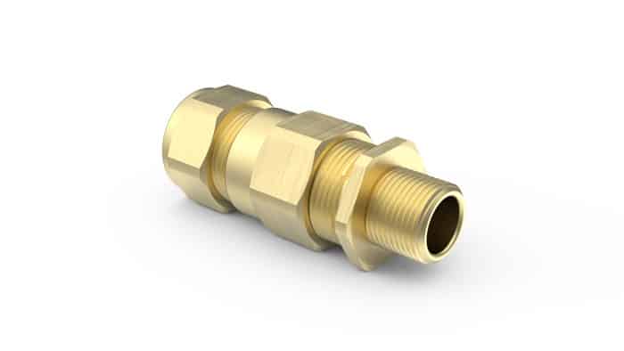 Brass threaded pipe connector on a white background.