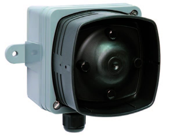 Black and gray electronic voice sounder device mounted on a wall bracket.