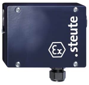 Dark blue industrial switch box with "steute" and "Ex" printed on the side.
